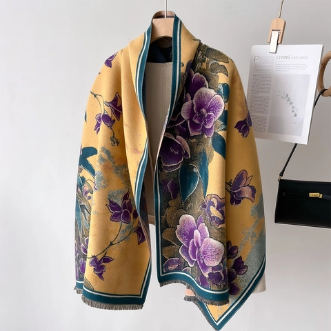 Women Floral Orchid Print Scarf Shawl Imitation Cashmere Thick Warm Winter Tassel Wrap