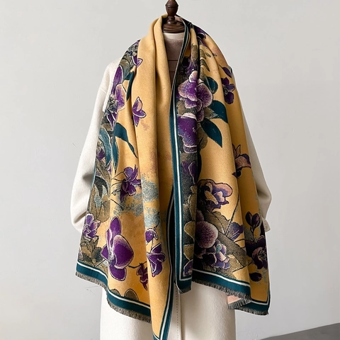 Women Floral Orchid Print Scarf Shawl Imitation Cashmere Thick Warm Winter Tassel Wrap