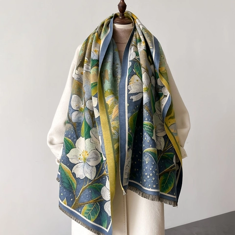 Floral Scarf Long Shawl Imitation Cashmere Polyester Thick Warm Winter Oil Painting Flower Pattern Vintage Elegant Women