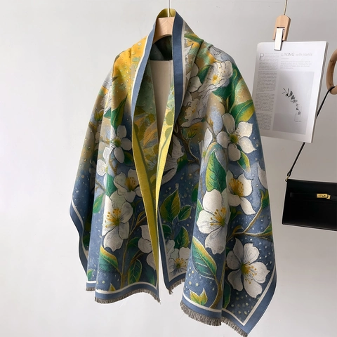 Floral Scarf Long Shawl Imitation Cashmere Polyester Thick Warm Winter Oil Painting Flower Pattern Vintage Elegant Women