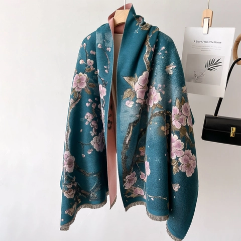 Sciarpa Da Donna Vintage Floreale Jacquard Doppia Faccia Imitazione Cashmere Poliere Grande Scialle Con Frange Avvolgente Caldo
