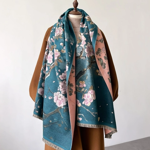 Sciarpa Da Donna Vintage Floreale Jacquard Doppia Faccia Imitazione Cashmere Poliere Grande Scialle Con Frange Avvolgente Caldo