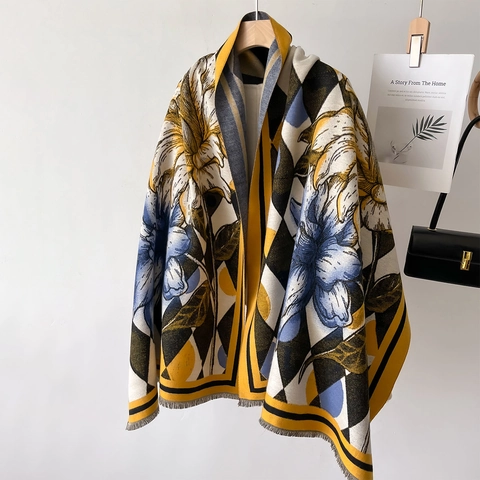 Sciarpa Lunga Da Donna Imitazione Cashmere Calda Invernale Scialle Motivo A Diamante Stampa Floreale Doppia Faccia Con Nappine