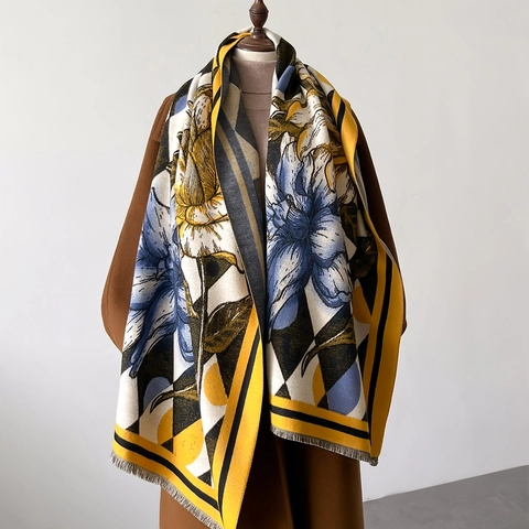 Sciarpa Lunga Da Donna Imitazione Cashmere Calda Invernale Scialle Motivo A Diamante Stampa Floreale Doppia Faccia Con Nappine