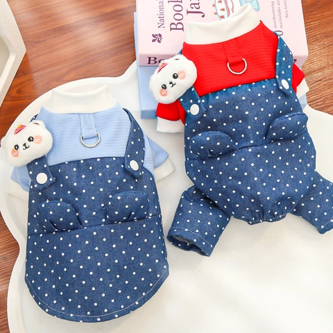 Tuta Per Animali Vestito Denim Pois Vestiti Con Anello A D Per Piccoli Cani Gatti Cucciolo