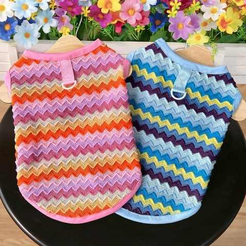 Gilet Per Animali Domestici Maglia Traspirante Maglieria Motivo Onde Zigzag Con Anello D Guinzaglio Vestiti Estivi Cani Gatti