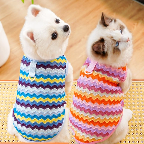 Gilet Per Animali Domestici Maglia Traspirante Maglieria Motivo Onde Zigzag Con Anello D Guinzaglio Vestiti Estivi Cani Gatti