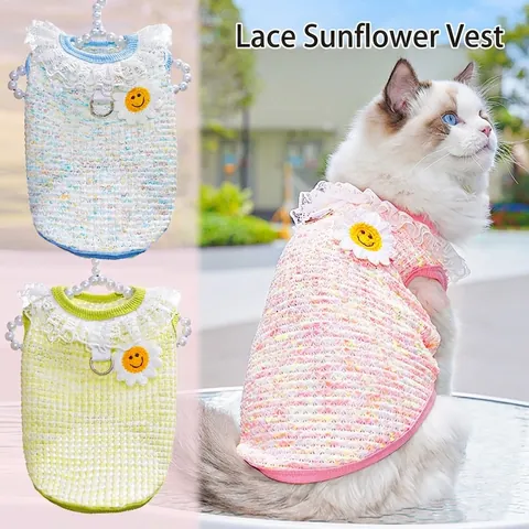 Gilet Tricoté Combinaison Pour Animaux Polyester Respirant Col En Dentelle Design Tournesol Pour Chats Petits Chiens