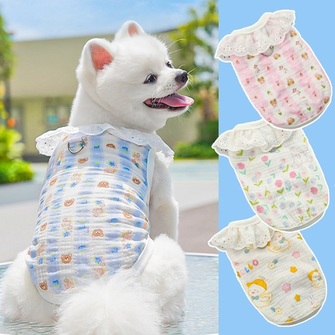 Pet Cotton Vest Shirt Breathable Lace Collar Dog Cat Clothes With D-Ring Leash Attachment Sweet Bear Floral Pattern