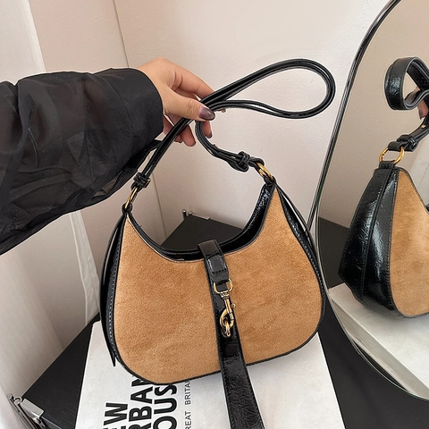 Vintage Suede Leather Patchwork Crescent Hobo Bag Women Underarm Shoulder Crossbody Bag Gold Hook Lock Chic Commuter