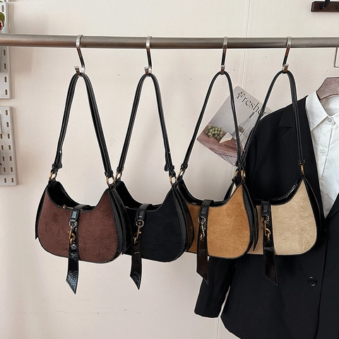 Vintage Suede Leather Patchwork Crescent Hobo Bag Women Underarm Shoulder Crossbody Bag Gold Hook Lock Chic Commuter