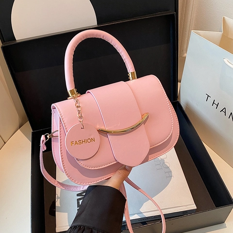 Saddle Crossbody Bag PU Leather Solid Color Metal Decor Handbag For Women Round Handle Fashion Small Shoulder Bag