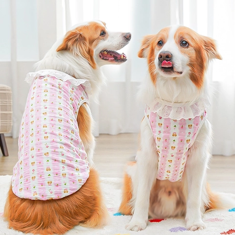 Pet Cotton Gauze Vest For Dogs And Cats Sweet Lace Collar Cartoon Print Leash D-Ring Breathable Summer Shirt Apparel