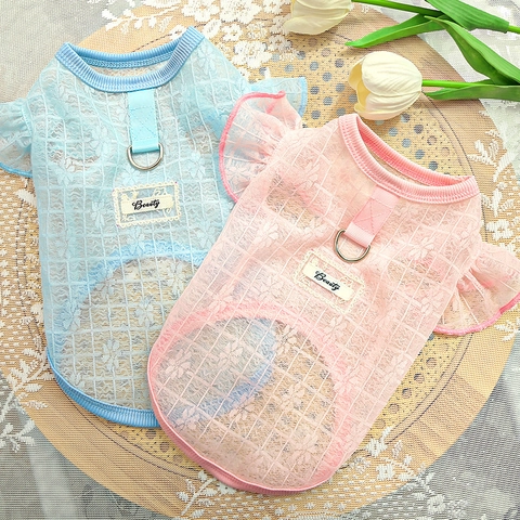 Ademende Mesh Kant Hondenjurk Met D Ring Voor Lijn Bloem Pet Vest Ruches Mouw Puppy Kat Prinses Kleding