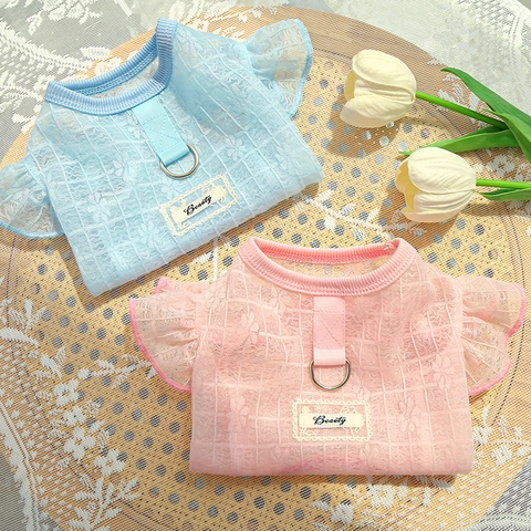 Ademende Mesh Kant Hondenjurk Met D Ring Voor Lijn Bloem Pet Vest Ruches Mouw Puppy Kat Prinses Kleding