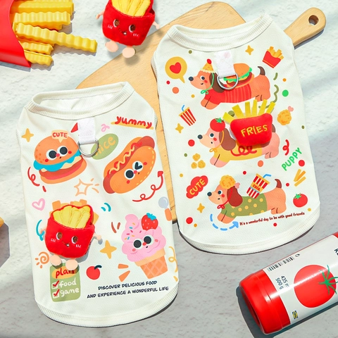 Süße Haustier Weste Sommer Atmungsaktive Netz Hund Katze Shirt Mit 3D Plüsch Pommes Und D-Ring Leine Befestigung