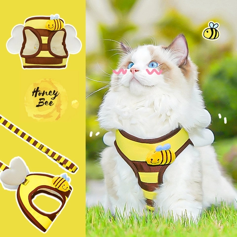 Harnais Et Laisse Pour Animaux De Compagnie Thème Abeille Polyester Maille Respirante Ailes De Dessin Animé Petits Chiens