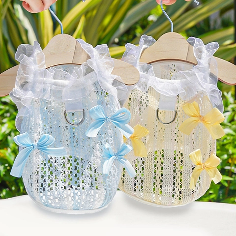 Breathable Pet Lace Vest Dress With Metal D-Ring Ruffle Mesh Dog Cat Harness Clothes Bowknot Summer Apparel For Puppy Kitten