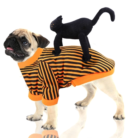Halloween Pet Costume Striped Dog Cat Sweatshirt With Plush Black Cat Funny Soft Fleece Clothing