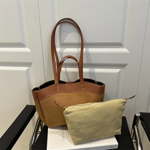 Borsa Tote Da Donna E Pochette Patchwork Pelle Camoscio Grande Capacità Cuciture A Contrasto Borsa A Spalla Ufficio Casual