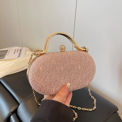 Elegante Damen Spitzen Abendtasche Minimalistische Ovale Hartschalen Clutch Mit Goldenem Metallgriff Und Ketten Schulter Umhängetasche Für Hochzeitsfeier