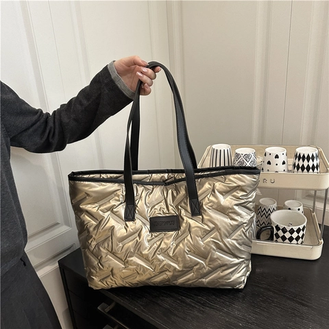 Women Large Capacity Quilted Tote Bag Metallic Padded Lightweight Shoulder Handbag Casual Travel