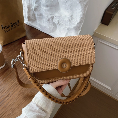 Women Contrast Color Woven PU Leather Crossbody Bag Vintage Small Square Handbag Circular Buckle Double Straps Fashion Bag