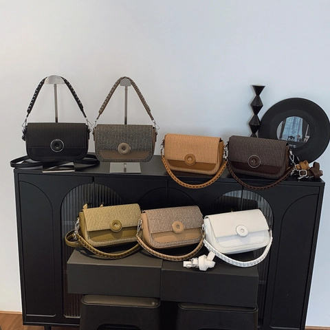 Women Contrast Color Woven PU Leather Crossbody Bag Vintage Small Square Handbag Circular Buckle Double Straps Fashion Bag