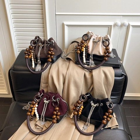 Retro Suede Patchwork Bucket Bag Women Wooden Bead Handle Chain Strap Drawstring Tassel Pendant Shoulder Crossbody Handbag