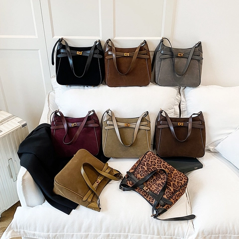 Bolso de Cubo de Gamuza Vintage para Mujer Gran Capacidad Bolso de Hombro Bandolera Con Hebilla Dorada Leopardo Color Sólido