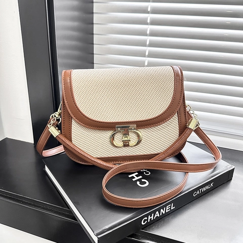 Borsa A Tracolla A Sella Retro Da Donna In Pelle PU E Tessuto Intrecciato Colore A Contrasto Borsa A Mano Con Patta E Chiusura Dorata