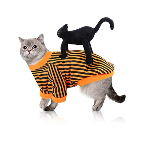 Halloween Pet Costume Striped Dog Cat Sweatshirt With Plush Black Cat Funny Soft Fleece Clothing