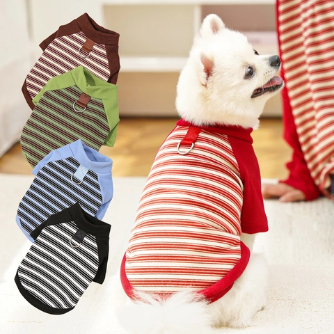 Pet Striped T-shirt Soft Polyester Knit Clothes With Integrated Leash D-Ring Casual Apparel For Dogs And Cats