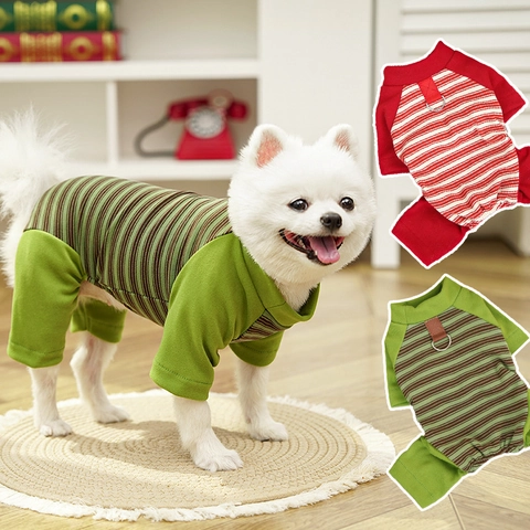 Striped Pet Jumpsuit Soft Polyester Dog Pajamas With Leash D-Ring Raglan Sleeve Clothes For Small Medium Dogs Cats