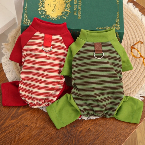 Striped Pet Jumpsuit Soft Polyester Dog Pajamas With Leash D-Ring Raglan Sleeve Clothes For Small Medium Dogs Cats
