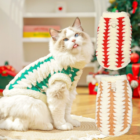Christmas Pet Fleece Vest Warm Dog Cat Winter Coat With D-Ring Leash Attachment Zigzag Holiday Xmas Tree Pattern Apparel