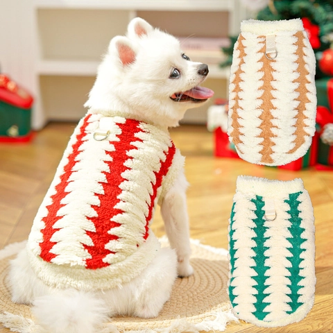 Christmas Pet Fleece Vest Warm Dog Cat Winter Coat With D-Ring Leash Attachment Zigzag Holiday Xmas Tree Pattern Apparel