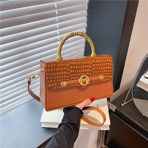 Borsa A Mano In Pelle PU Con Motivo Coccodrillo Manico In Metallo Dorato Elegante Borsa A Tracolla Da Donna Borsa Quadrata Retro Con Fibbia M
