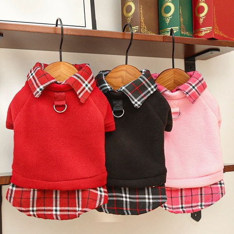 Pull En Polaire Pour Animaux Chemise À Carreaux Chien Style Britannique Vêtements Chauds Automne Hiver Avec Anneau En D Pour Petits Chiens Chats