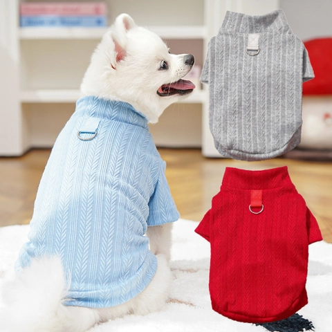 Pet Knitted Sweater Vest Warm High Collar Dog Cat Clothes With Metal D-Ring Leash Attachment Wheat Texture For Small Puppy