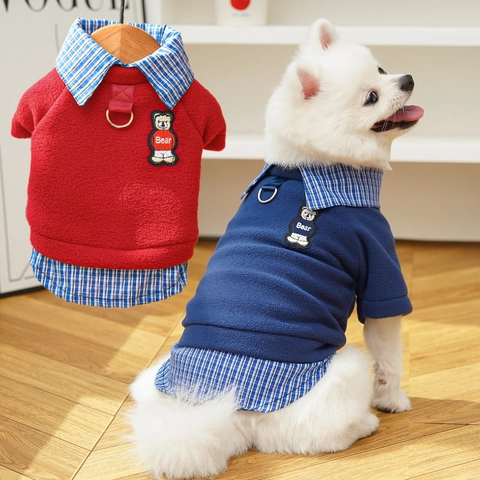Pet Fleece Sweatshirt Layered Look Bear Embroidery Plaid Shirt Collar With Leash D-Ring Warm Winter Clothes Dog Cat