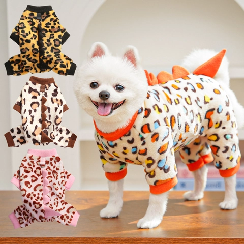 Hunde Overall Mit Leopardenmuster Dickes Fleece Warme Haustierkleidung Mit Dinosaurier Stacheln Und Leinen D-Ring