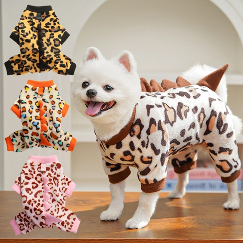 Hunde Overall Mit Leopardenmuster Dickes Fleece Warme Haustierkleidung Mit Dinosaurier Stacheln Und Leinen D-Ring