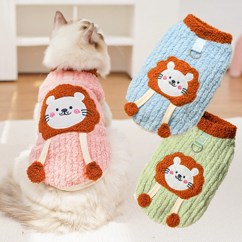 Haustier Fleece Weste Warm Cartoon Löwe Winter Katze Hund Bekleidung Mit Leine D-Ring Welpe Jacke