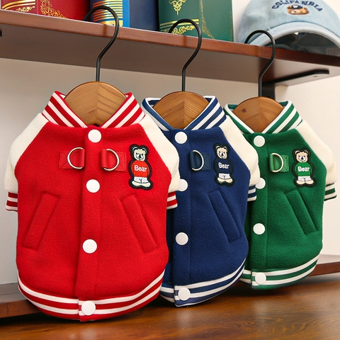 Pet Baseball Jacket Fleece Winter Warm Varsity Coat With D-Ring Leash Hook Bear Embroidery For Puppy Small Dogs Cats