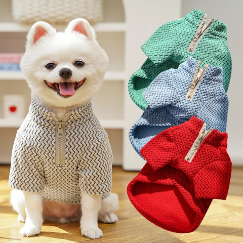 Pull Pour Chien Veste En Tricot À Chevrons Demi Fermeture Éclair Col Haut Vêtements Chauds Automne Hiver Anneau En D Pour Petits Moyens Animaux