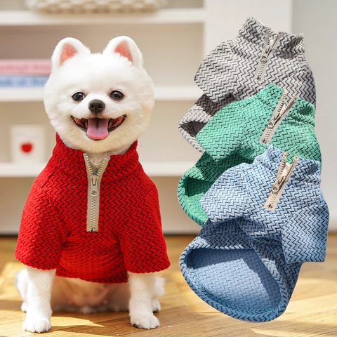 Pull Tricoté Pour Chien Chat Gilet Chaud Texture Zigzag Demi Fermeture Éclair Col Montant Vêtement Petit Animal Automne Hiver
