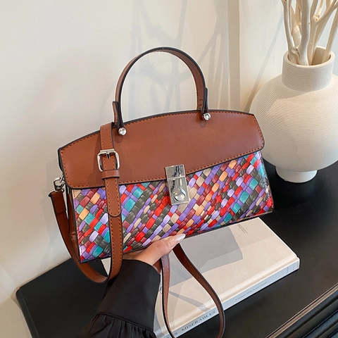 Borsa a Tracolla da Donna in Pelle PU con Motivo Intrecciato di Tendenza Borsa a Mano a Contrasto con Tracolla Regolabile e Chiusura in Metallo