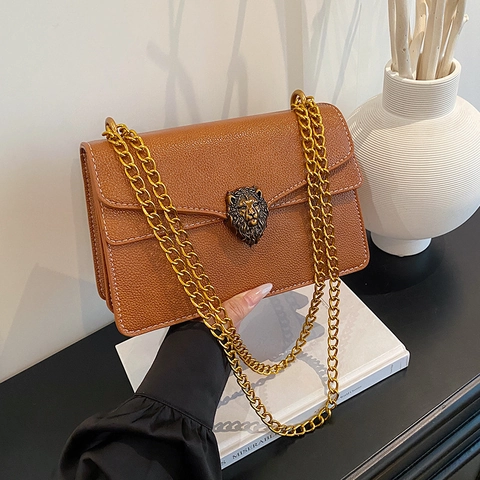 Women Crossbody Bag PU Leather Litchi Texture Lion Head Clasp Metal Chain Strap Retro Fashion Square Flap Shoulder Bag