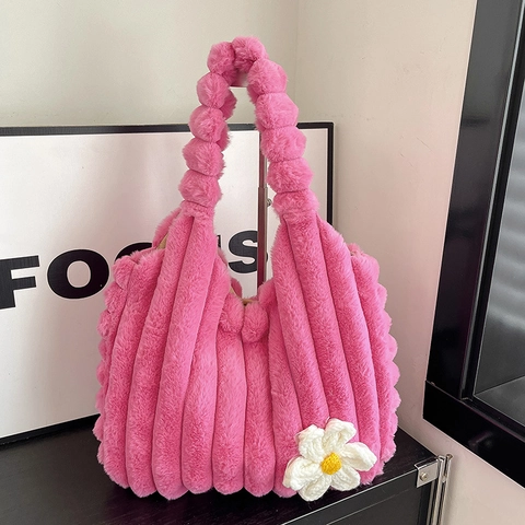 Damen Koreanischer Stil Plüsch Tote Bag Große Kapazität Vertikaler Streifen Pelzige Umhängetasche Mit Häkeln Gänseblümchen